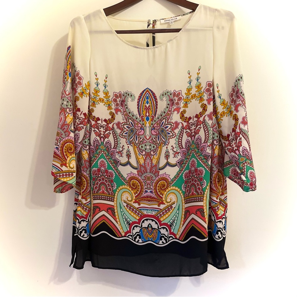 Rose + Olive women’s Sheer Paisley, Long Sleeve Blouse